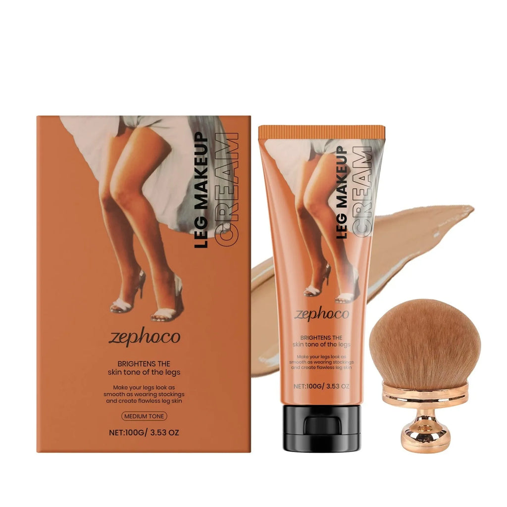 Zephoco leg concealer foundation cream in 100g bottle with brush and three colour swatches: bronze, skin, medium skin