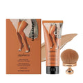 Zephoco leg concealer foundation cream in 100g bottle with brush and three colour swatches: bronze, skin, medium skin