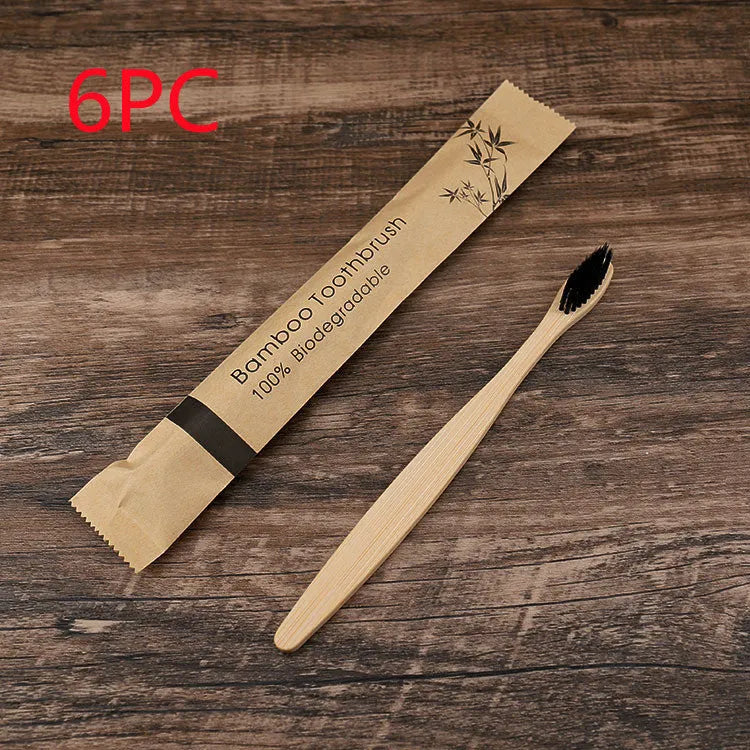 Set of 10 bamboo toothbrushes in six colours with soft charcoal bristles