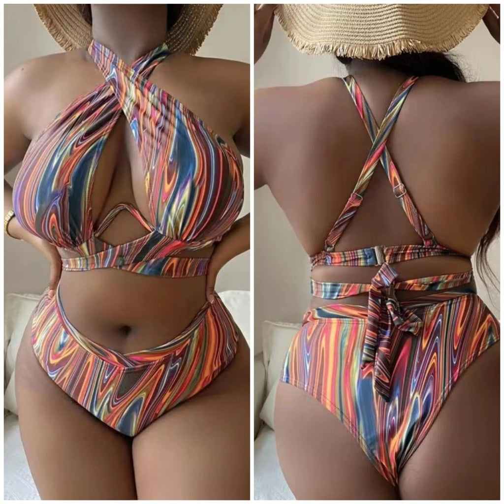 Women's high waist split floral bikini swimsuit in polyester with matching top and pants