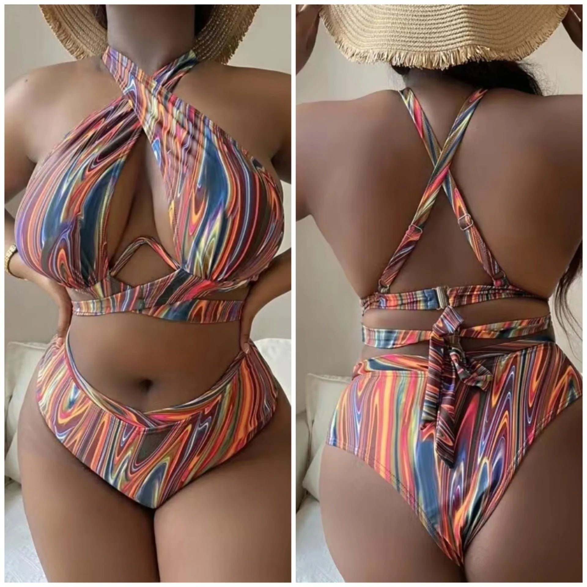 Women's high waist split floral bikini swimsuit in polyester with matching top and pants