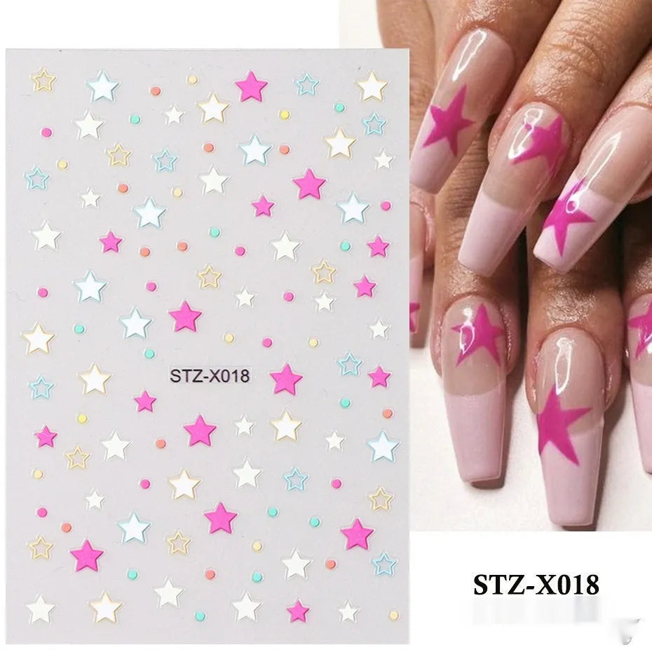 Pack of black and silver striped nail art stickers with cartoon and love pattern designs.
