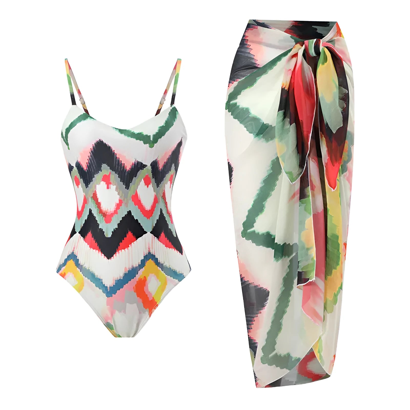 Women's gradient striped two-piece swimsuit with matching hip skirt in quick-drying polyester fabric