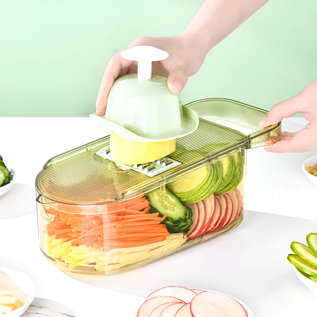 Transparent green multifunction vegetable cutter with stainless steel blades and 1.5L capacity chopping box