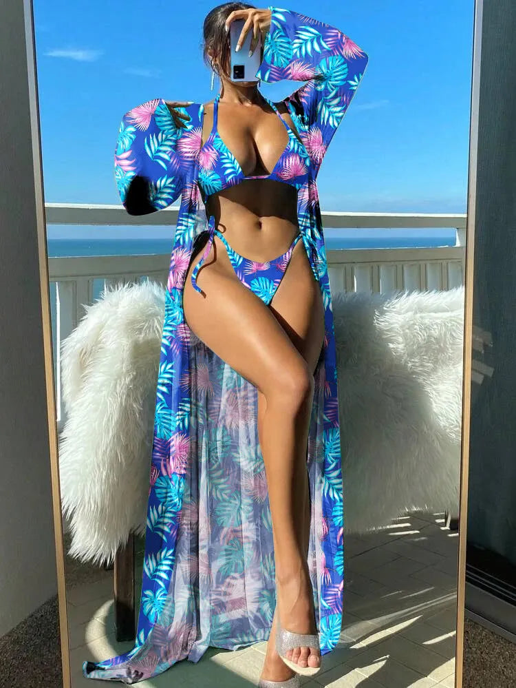 Women's floral print banded bikini set with long sleeve robe cover-up in blue colour