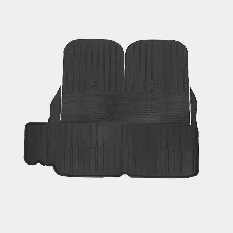 Tesla Model X waterproof TPE rubber floor mats showing left and right rudder design for vehicle-specific fitment