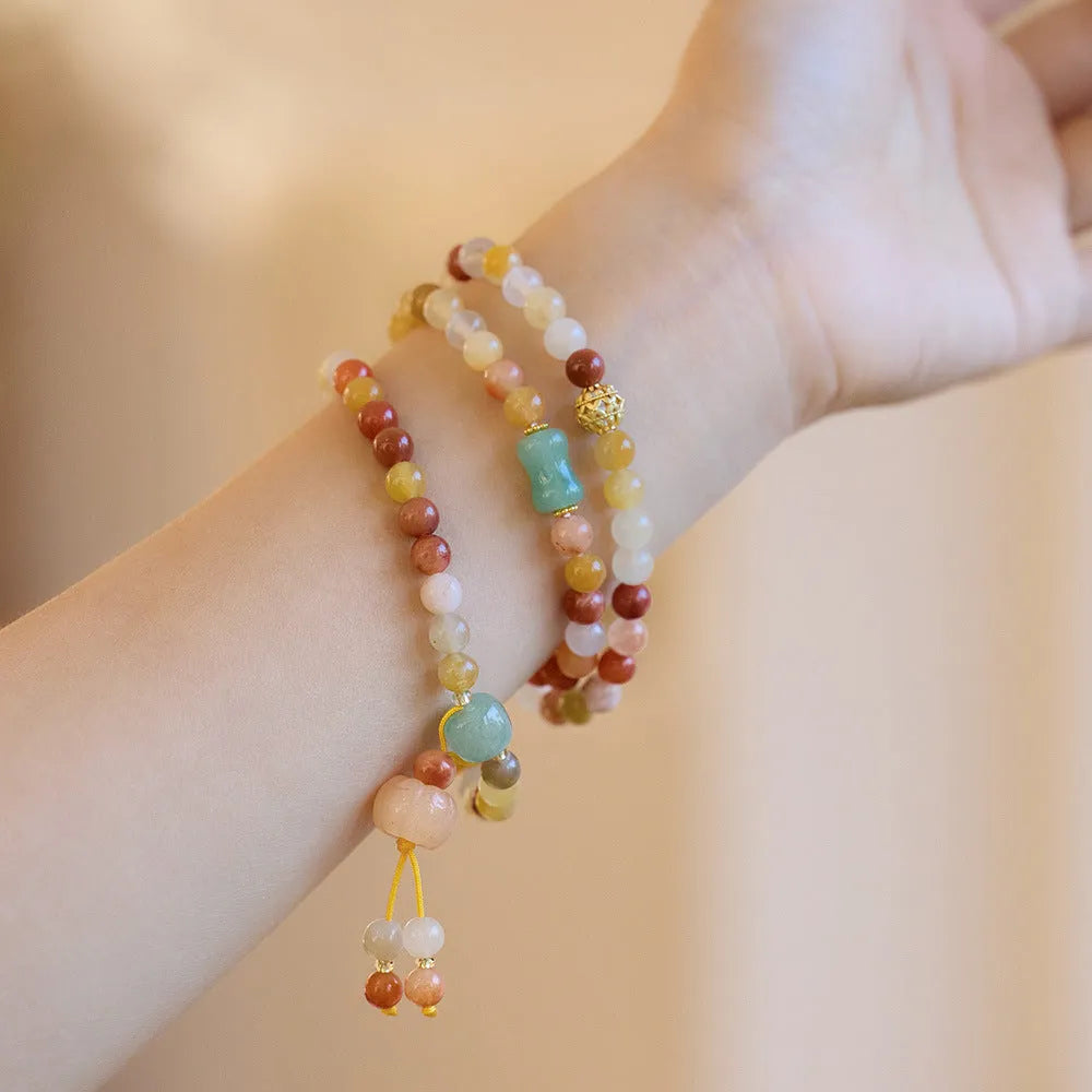 Women's handmade three-circle pumpkin tassel bracelet in green Jinsi Jade, 6mm beads, national style