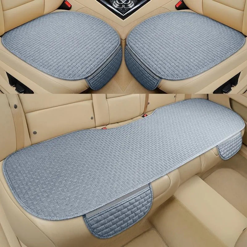 Linen car seat cushion with plaid design available in single seat or three-piece set configurations