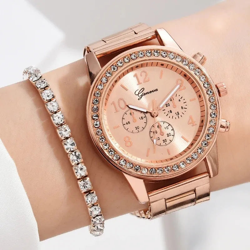 Women's casual quartz watch suit set with alloy case 36mm dial bracelet earrings necklace ring