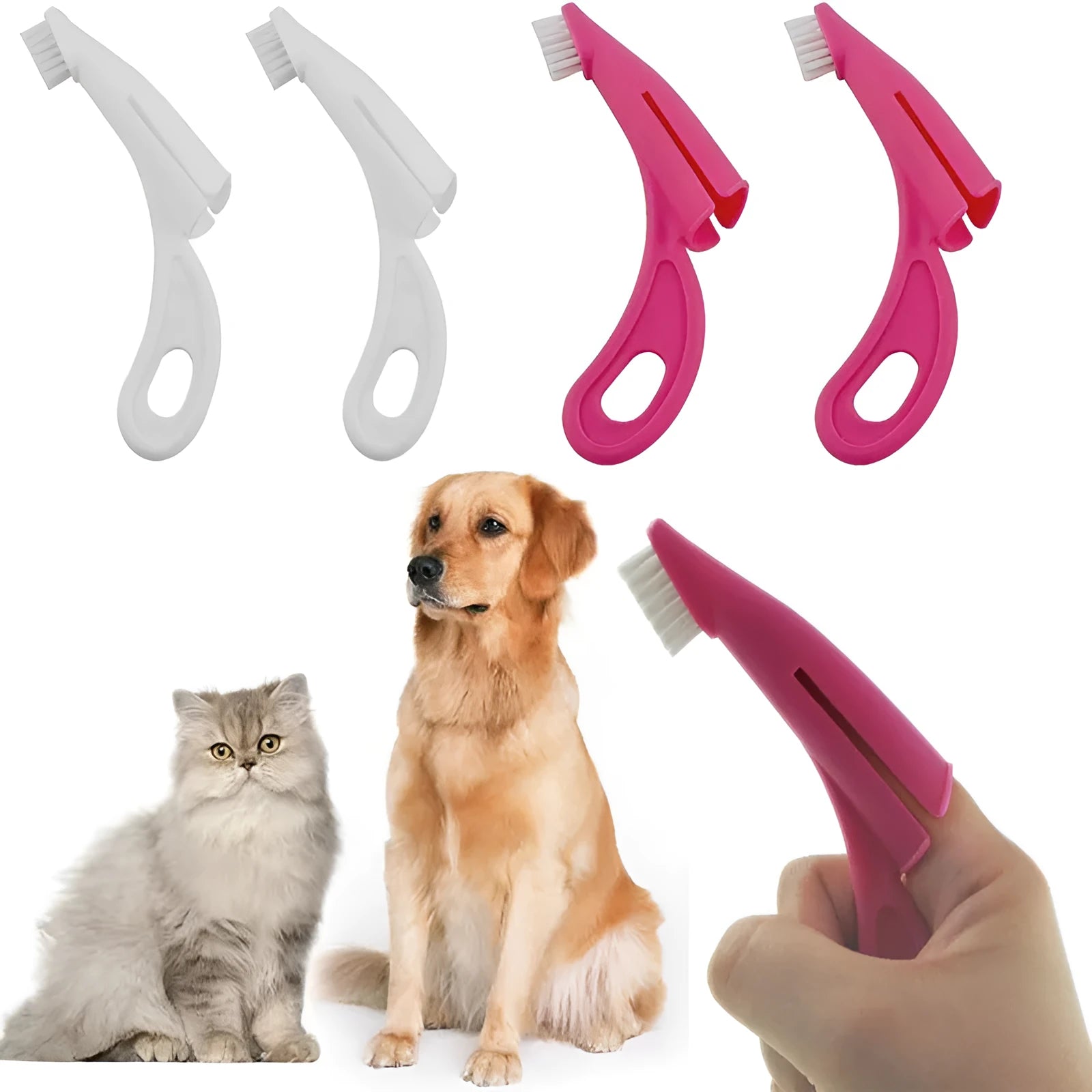 Red and white pet finger toothbrush with silicone bristles for cleaning dog and cat teeth.