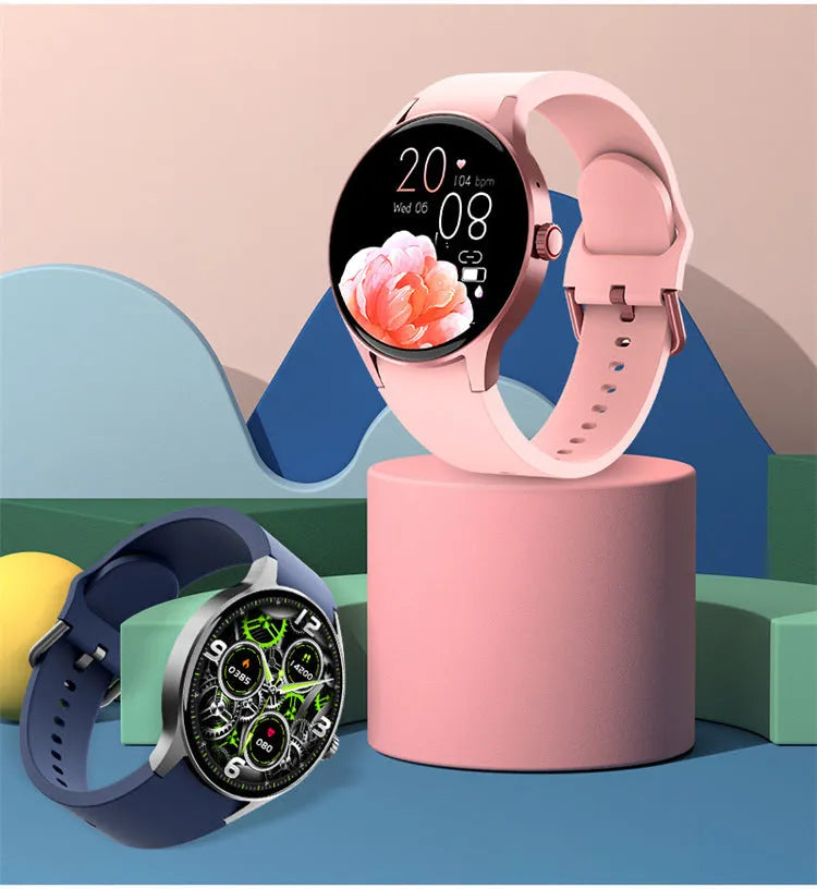 Smart Bluetooth sport watch with circular touchscreen display showing fitness metrics on wrist