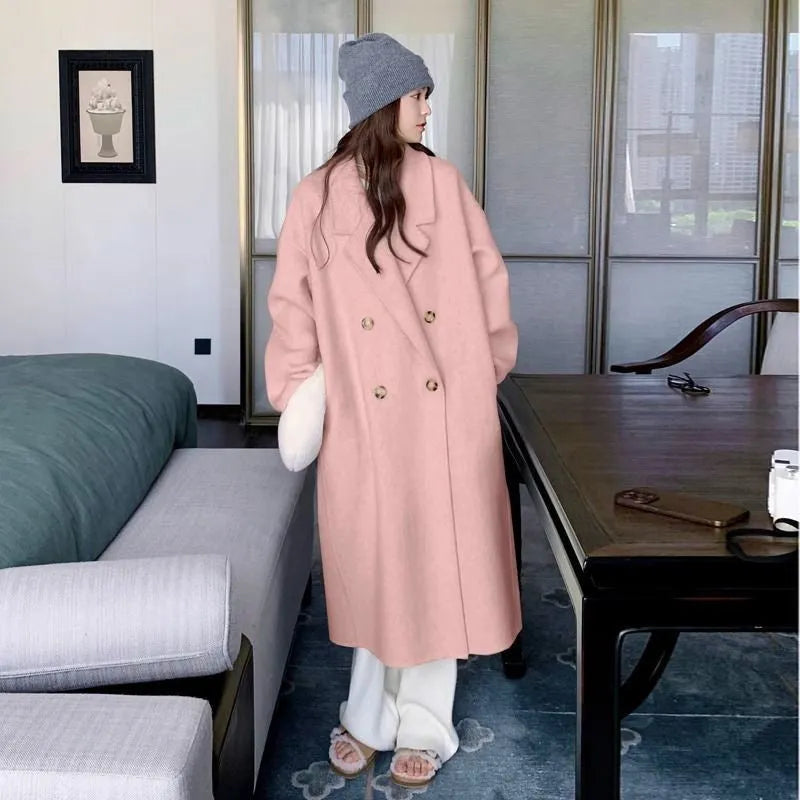 High-grade gray woolen coat for women with long sleeves, polyester fabric, autumn design, size L