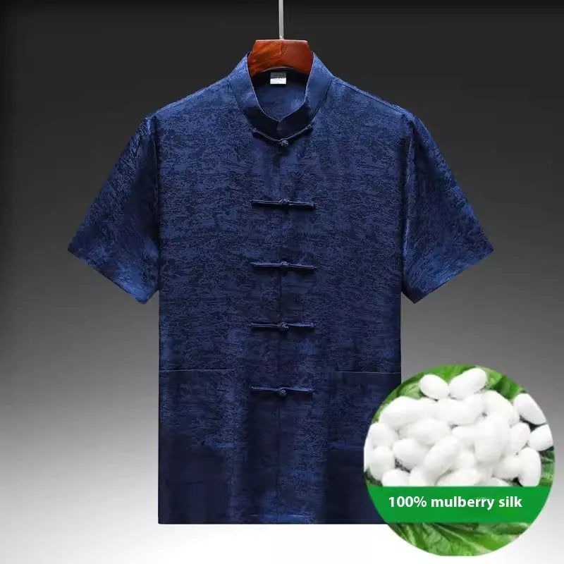 Men's Chinese style Tang suit in mulberry silk satin showing traditional design with available colour variations