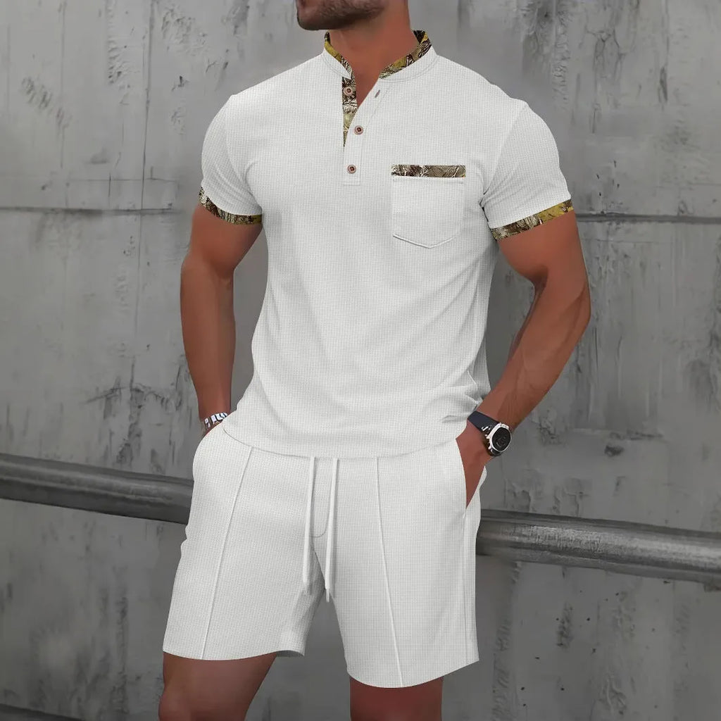 Men's grey waffle zipper polo collar short sleeve top and matching shorts laid flat