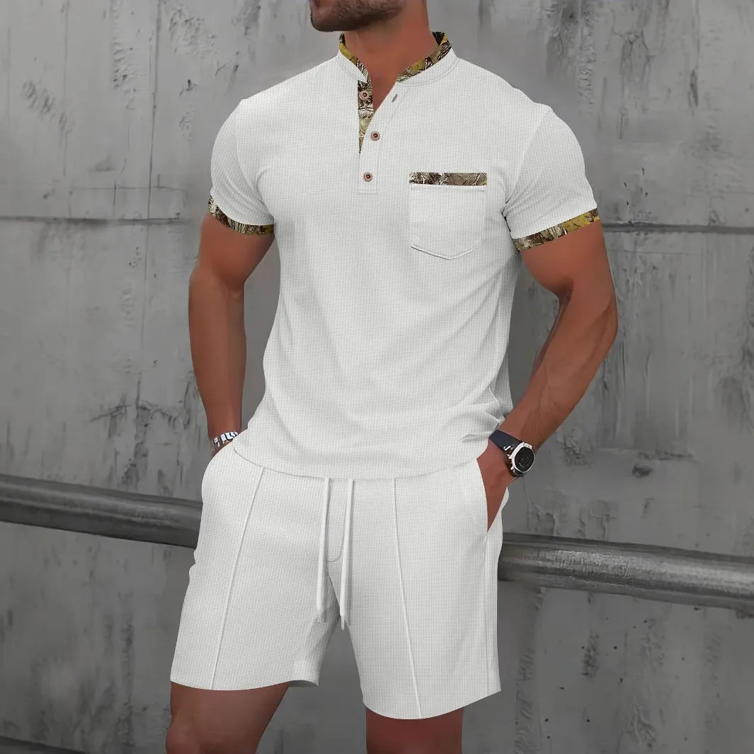 Men's grey waffle zipper polo collar short sleeve top and matching shorts laid flat
