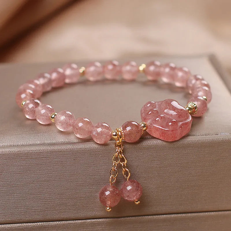Women's double-layer strawberry quartz bracelet with Lucky Cat charm and red cat's eye flowers