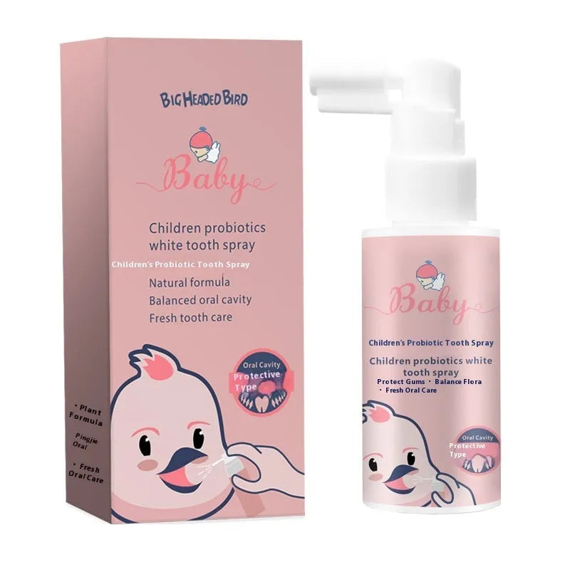 Children's probiotics oral spray bottle with strawberry and orange flavour options for teeth cleaning