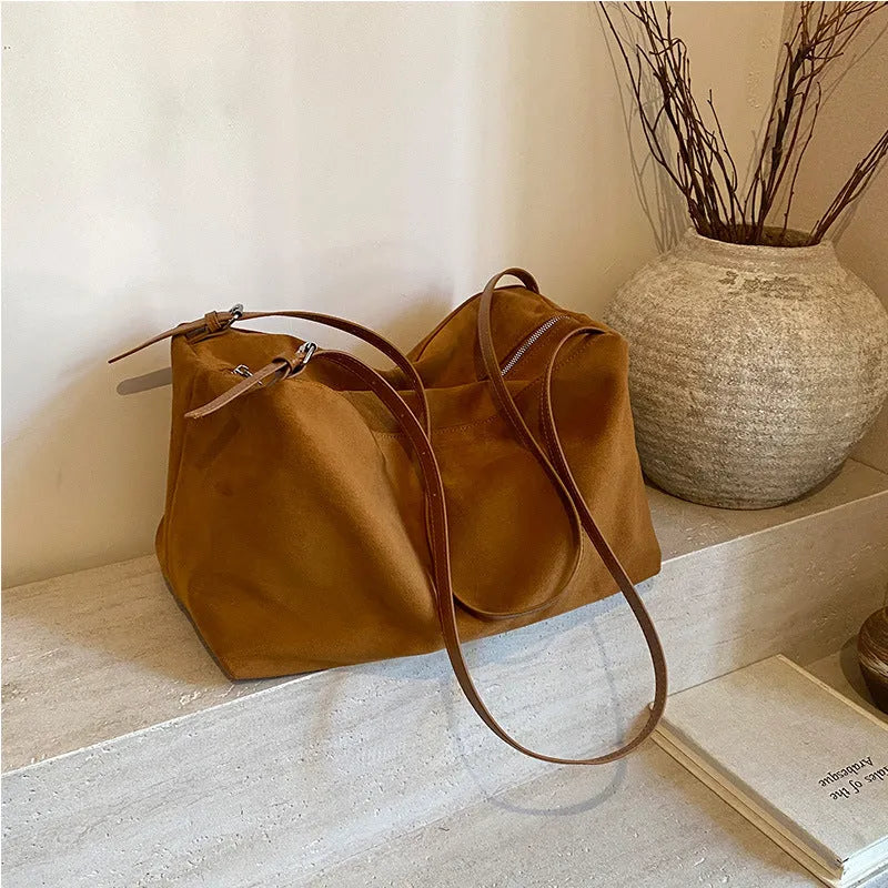 Women's large capacity suede pillow shoulder bag available in black, brown, coffee, khaki colours