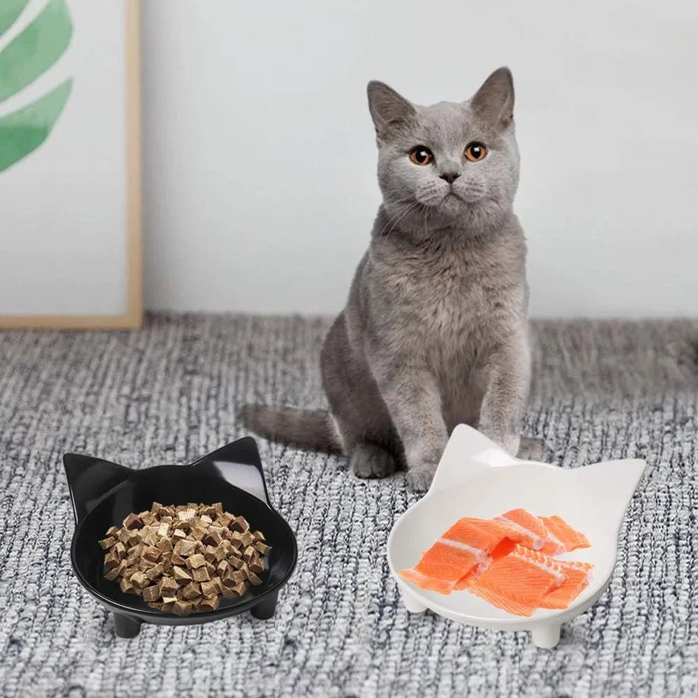 White shallow melamine pet bowl with non-slip black rubber base on a wooden floor.