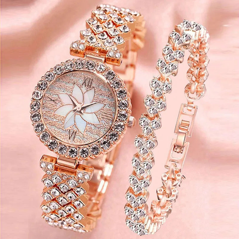Diamond-embedded starry sky flower disk bracelet watch set for women rose gold 7mm quartz