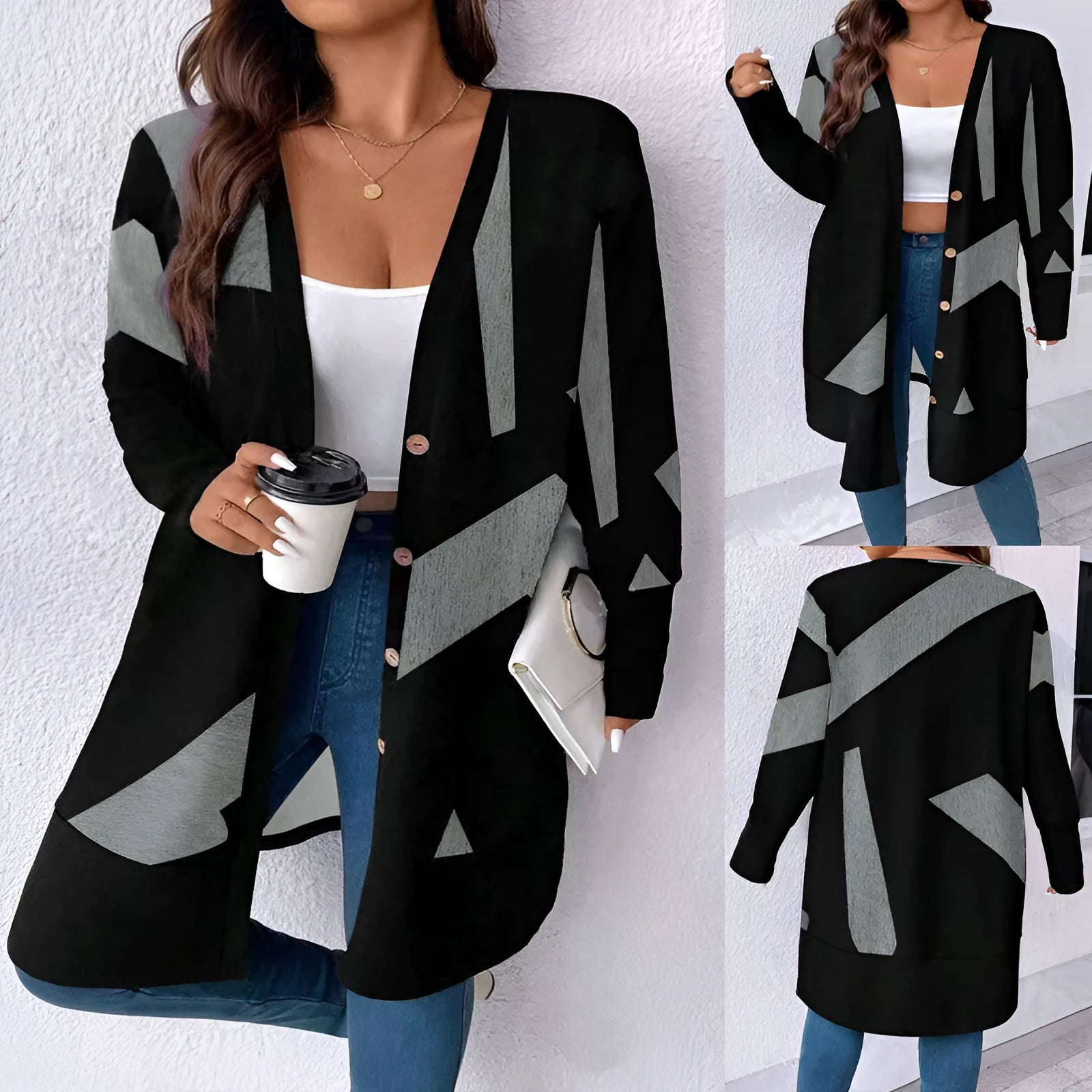 Black plus size loose casual knitwear cardigan with button stitching and regular sleeves