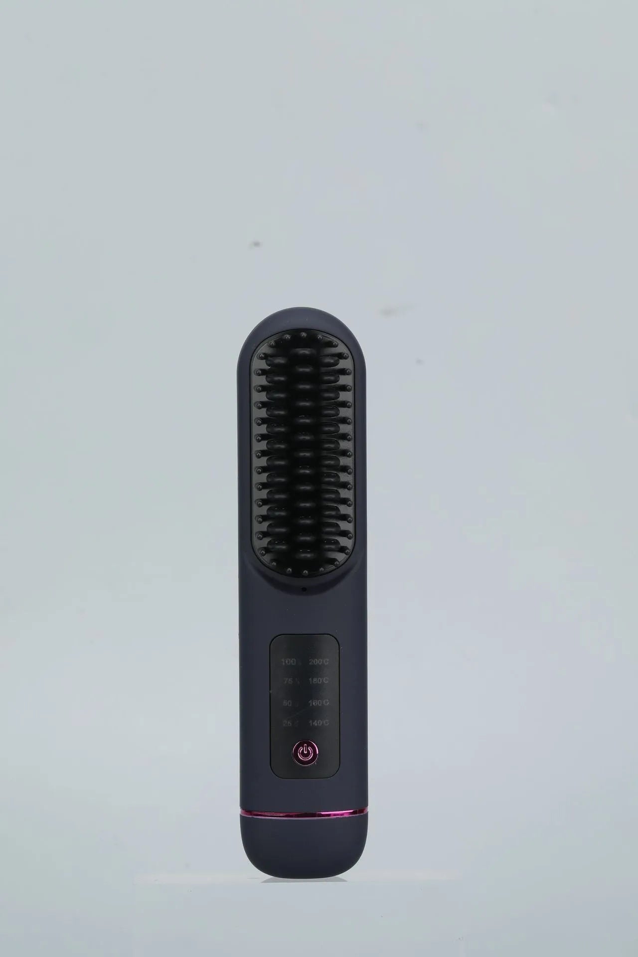 A white portable negative ion hair comb with USB-C charging port, shown alongside dark blue and grey colour options.