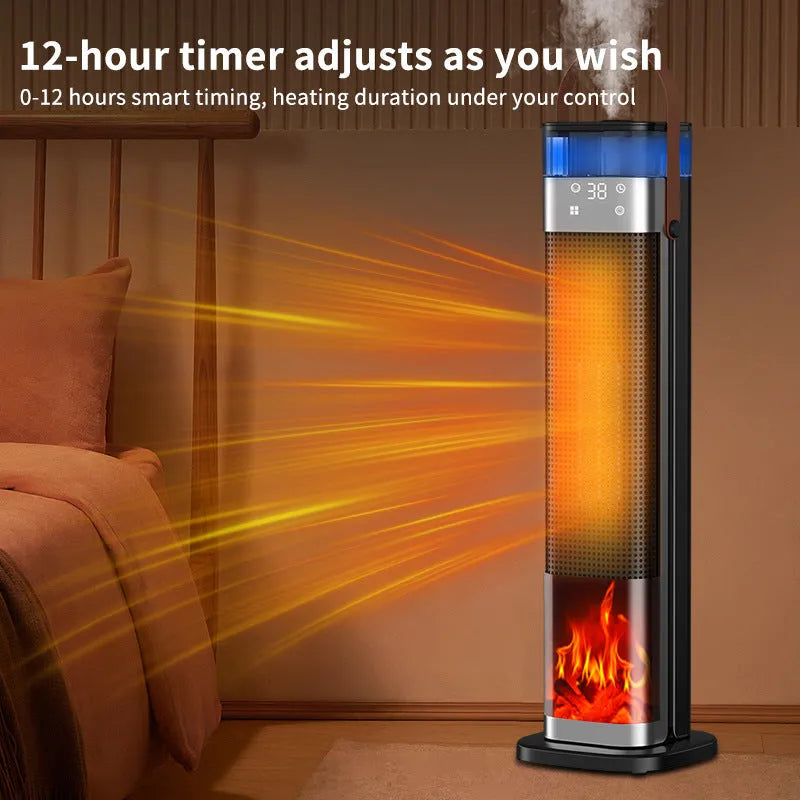 Tall vertical ceramic space heater with humidifier function and remote control on a wooden floor.