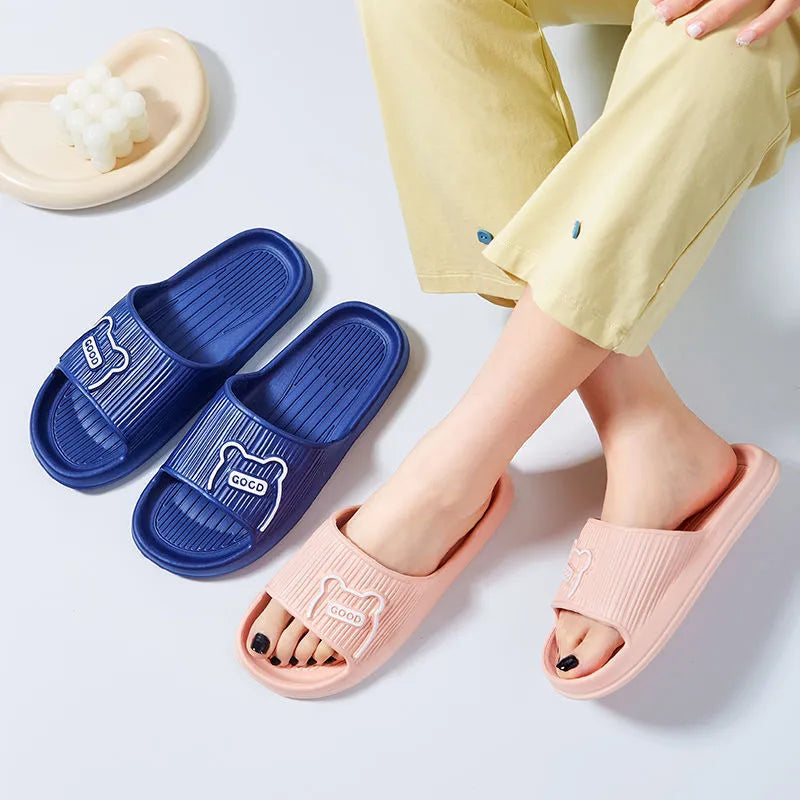 Cartoon bear EVA slippers in lemon yellow, open toe, non-slip sole, for bathroom house use