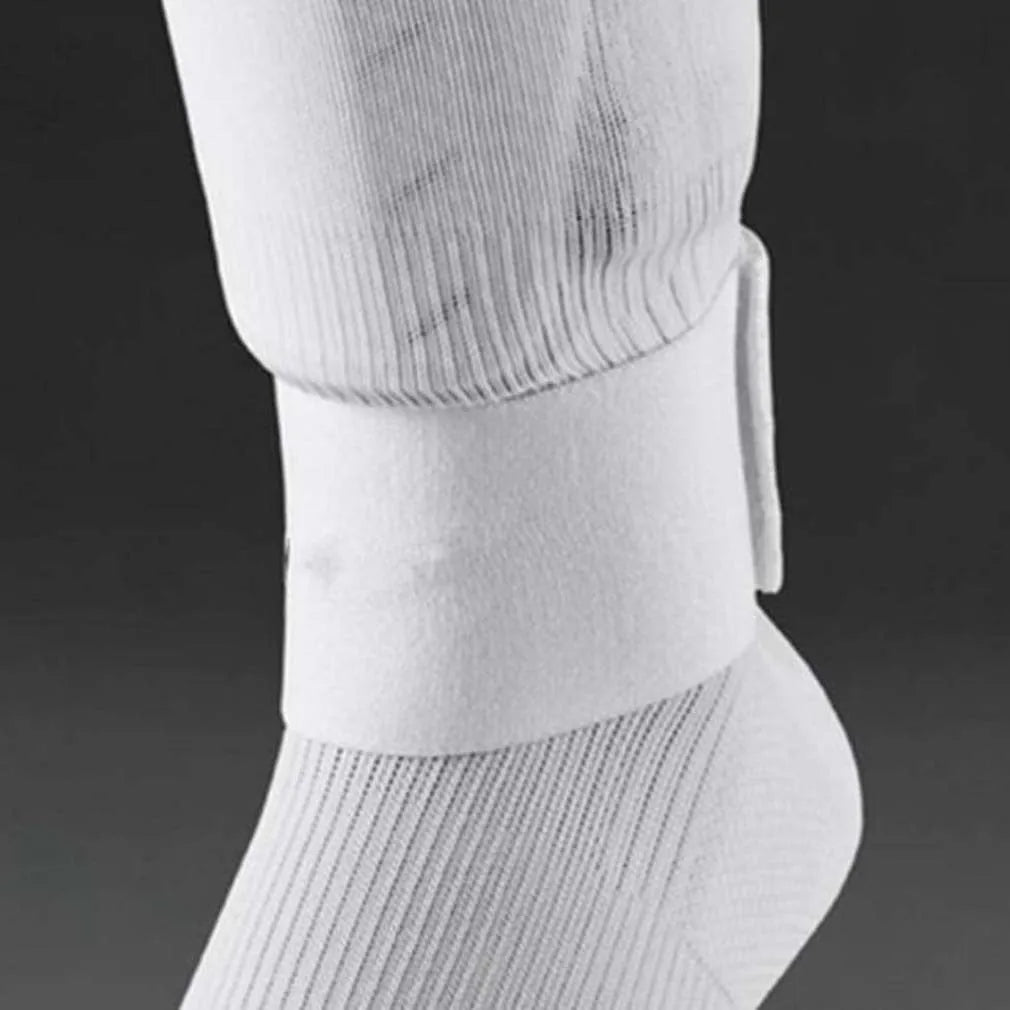 Red elastic rubber shin guard strap band for football sports, dimensions 25cm by 6.5cm.