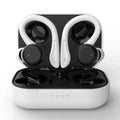 Bluetooth sports headphones with ear hooks in five colour options showing removable earbuds and charging case