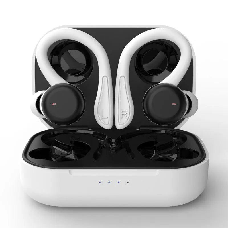 Bluetooth sports headphones with ear hooks in five colour options showing removable earbuds and charging case