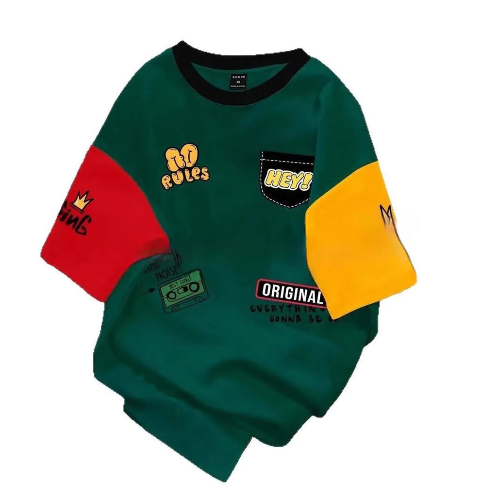 Men's loose fit casual t-shirt with digital printed letter pattern on polyester fabric.