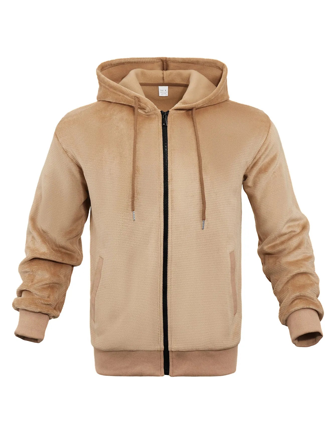 Men's fleece lined zippered hooded sweatshirt cardigan in military green on a model, front view, long sleeves, zip front