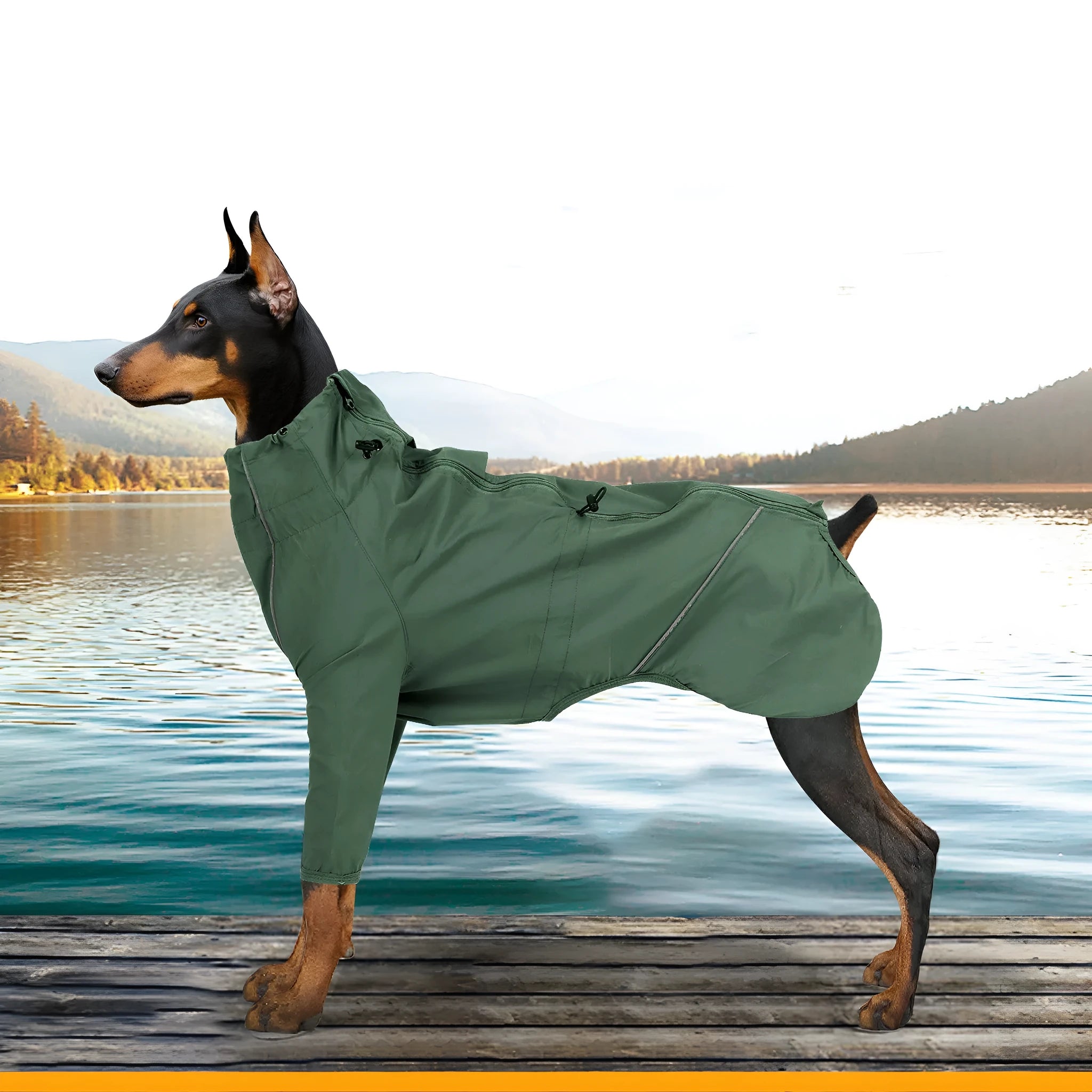 Dog wearing a military green acrylic raincoat with reflective trim and traction hole for lead attachment