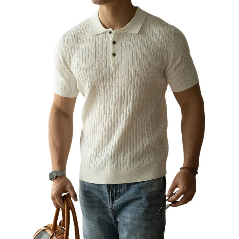 Men's short-sleeve business casual top in khaki colour, showing front design and fabric texture.