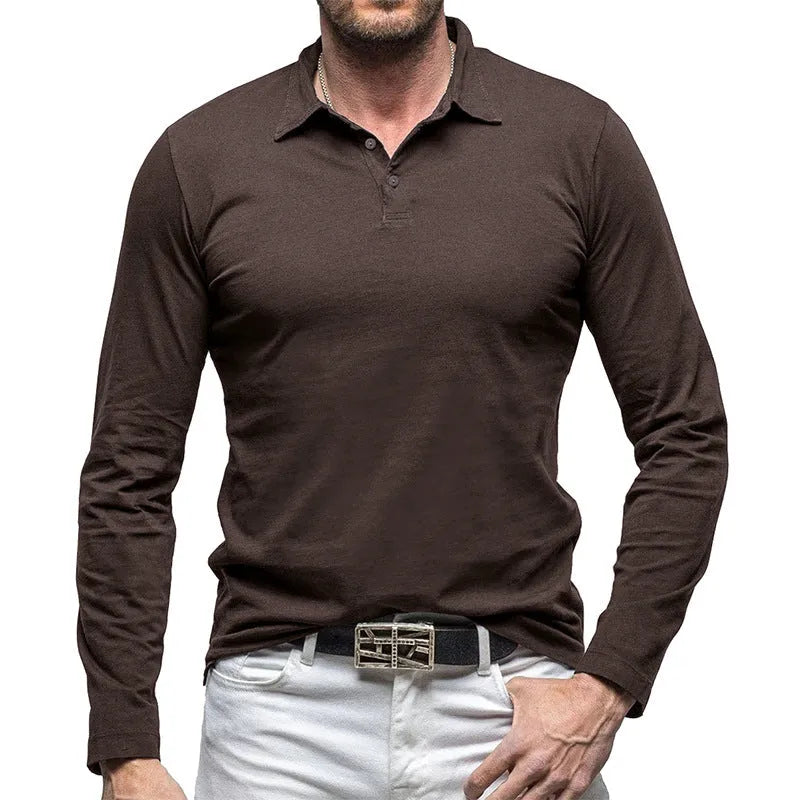 Men's long sleeve polo collar cotton T-shirt in American retro style shown in dark grey
