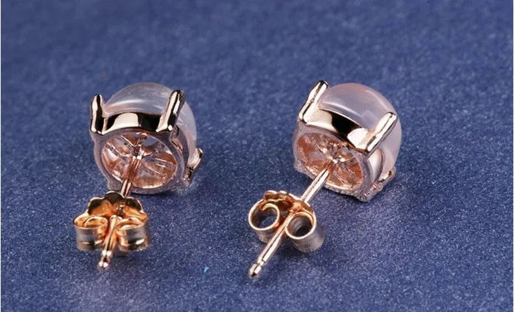 Women's rose gold drop shape stud earrings with synthetic ross quartz stone Korean style design