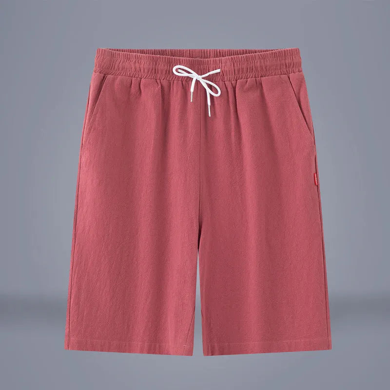 Chinese style solid colour cropped pants in cotton linen fabric on a neutral background.