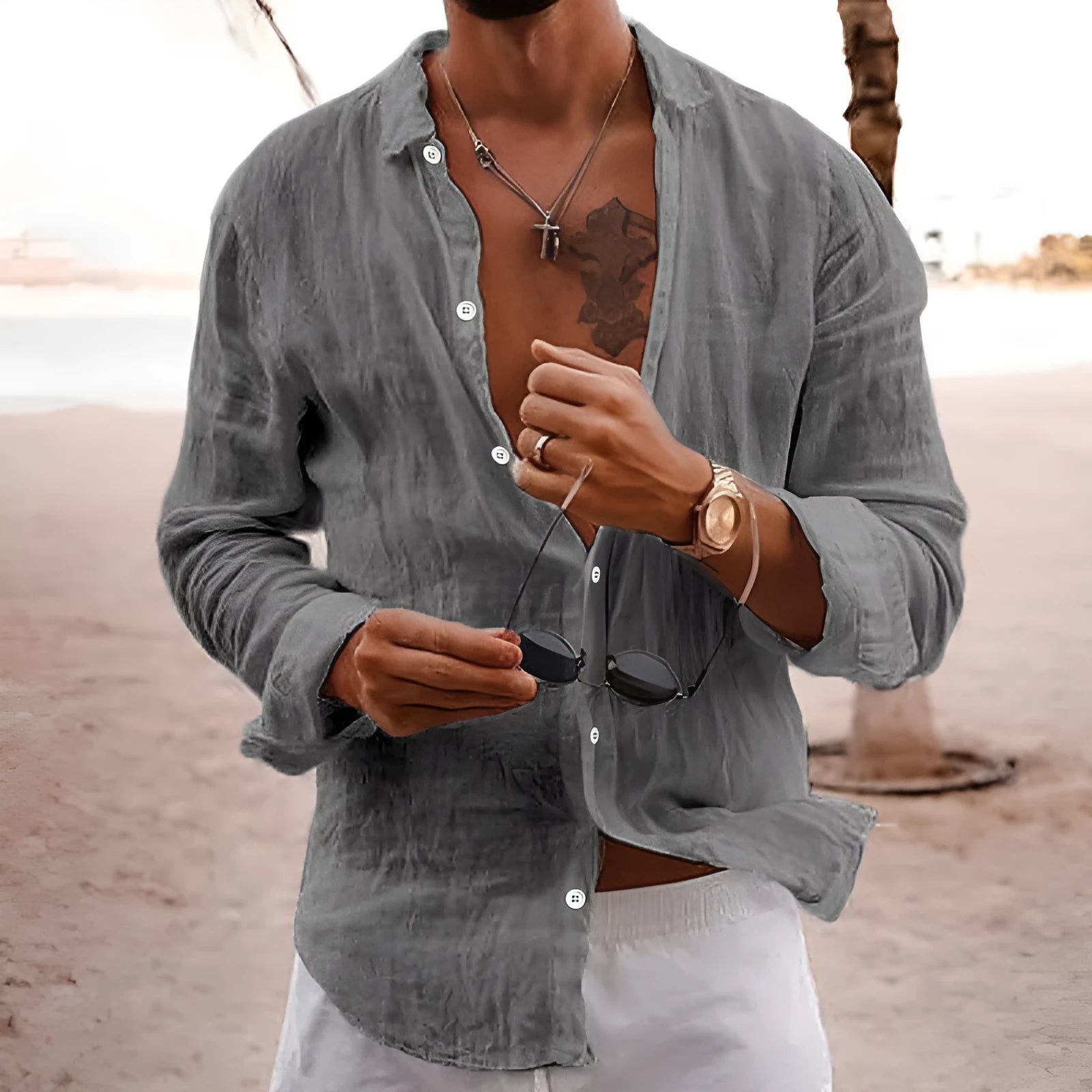 Men's casual cotton linen shirt long sleeves lapel cardigan loose fit solid colour in sky blue