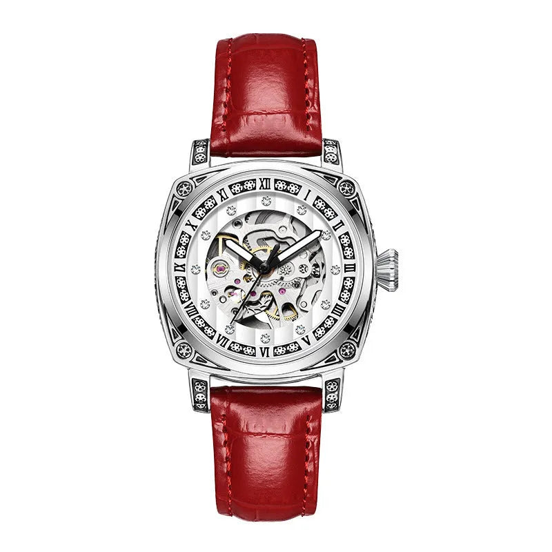 Men's analogue mechanical watch with luminous hands on a leather strap, shown in multiple colour options.