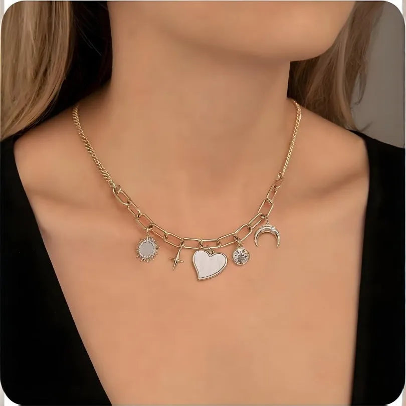 Gold alloy heart-shaped pendant necklace with inlaid zircon moon and star on bamboo chain