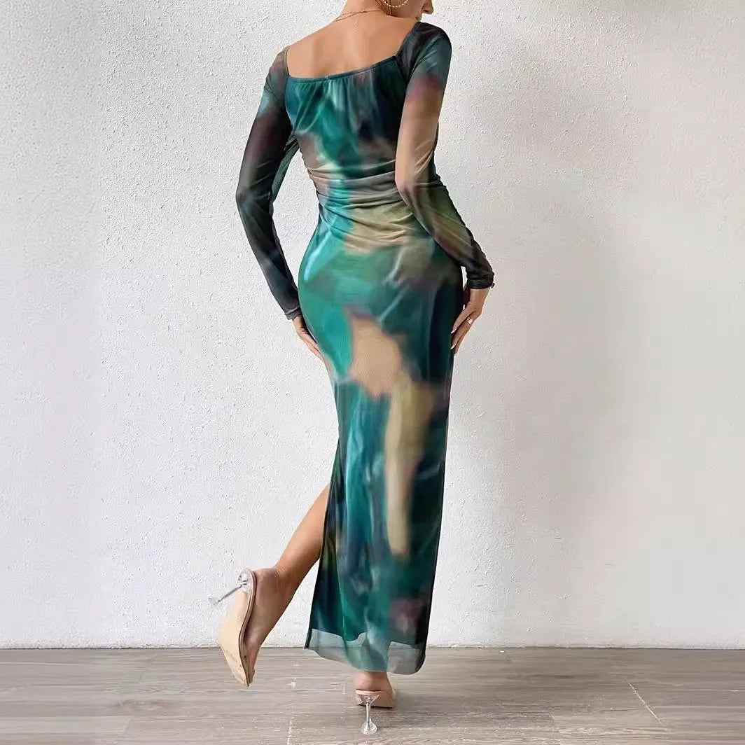 Women's green printed pleated mesh fishtail dress with a square collar and side split.