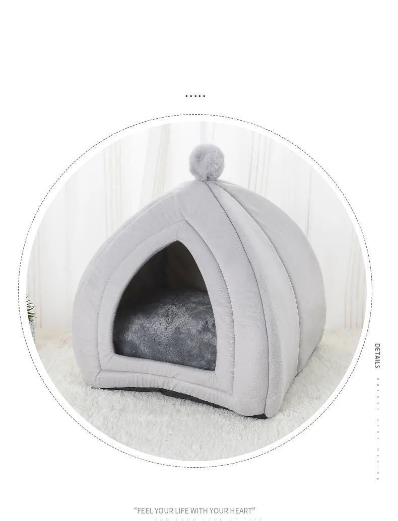 Soft plush cat bed in grey, tent style with cushion, size M 33x33x36 cm, washable cover
