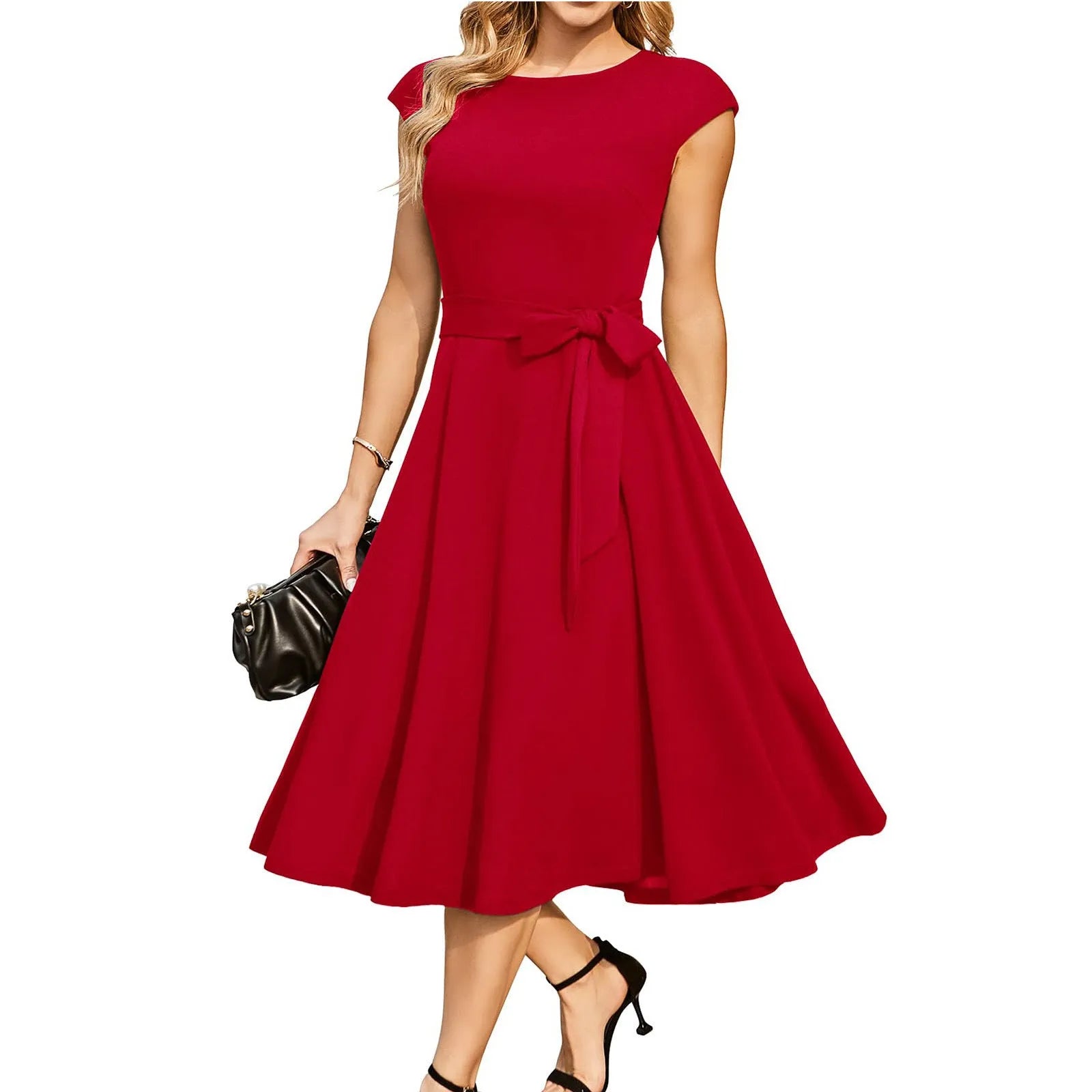 Sleeveless black midi dress with lace-up waist detail and a full swing skirt.