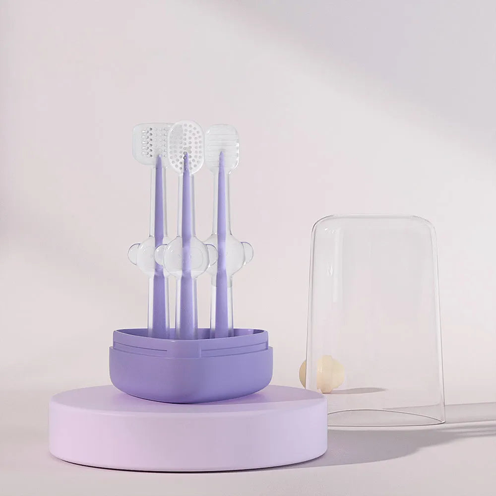 Soft silicone pet toothbrush for dogs and cats in purple, blue, and green colour options.