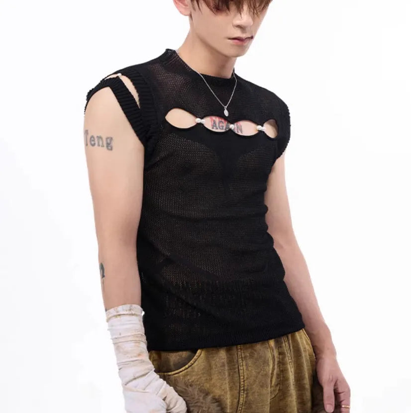 Dark hollow-out knitmesh sleeveless T-shirt in black with round collar and regular length