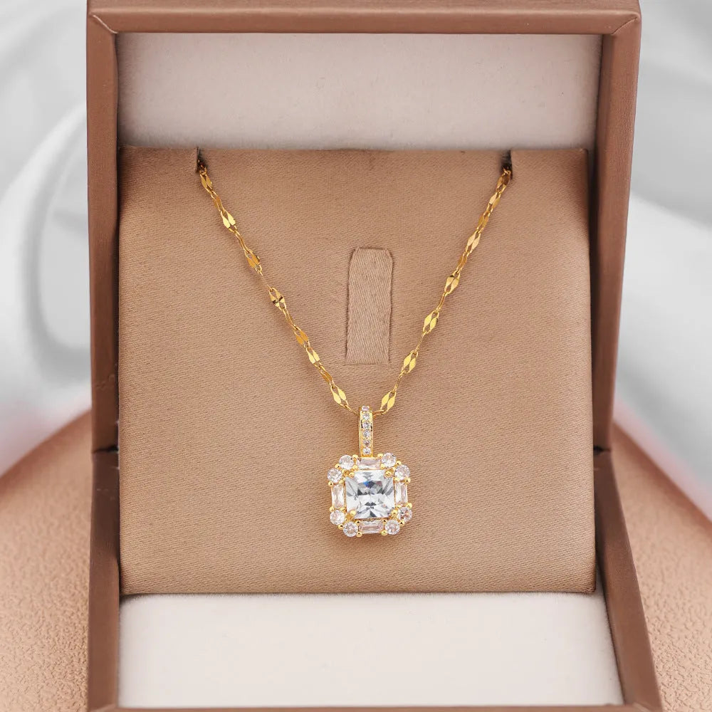 Geometric quadrilateral pendant necklace with mixed gemstones on water wave chain