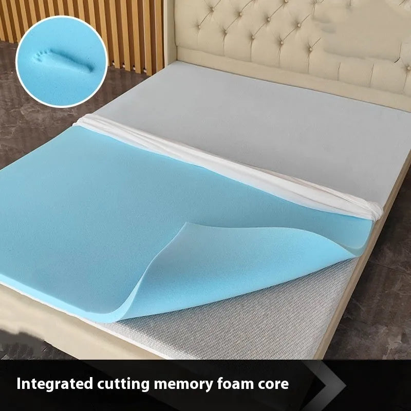 Thin gel memory cotton tatami mattress on a tatami floor, showing side profile to illustrate 2cm, 3cm, or 5cm thickness.