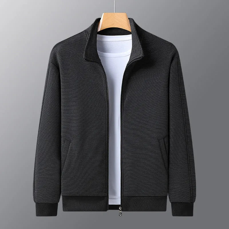 Men's casual athletic jacket with stand-up collar, zipper front, chemical fibre blend, black colour option