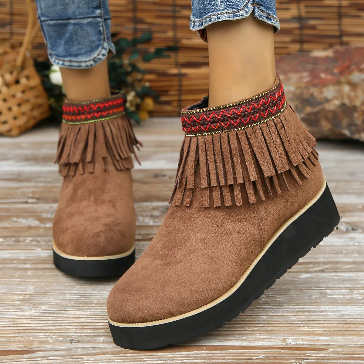 Women's black suede wedge boots with a side zipper and thick platform sole